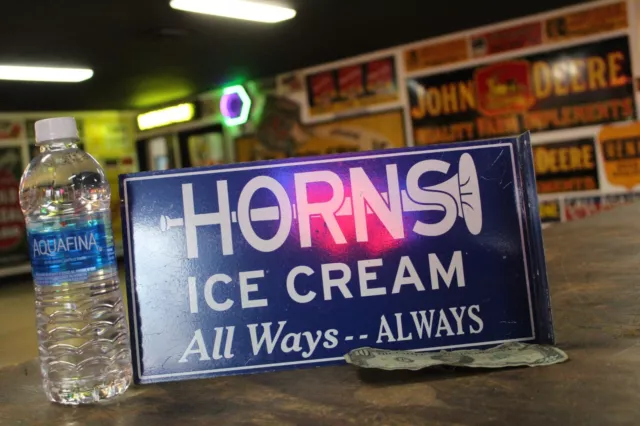 RARE  1960s HORNS ICE CREAM  PAINTED METAL 2-SIDED FLANGE SIGN MUSIC DAIRY COW