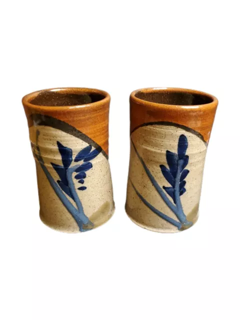 Vtg Pair of Speckled Handthrown Art Pottery Tumbler Mugs Blue Flower Signed