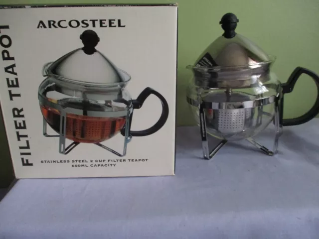 Arcosteel Stainless Steel & Glass 2 Cup  Filter Teapot Nwt In Box 600Ml