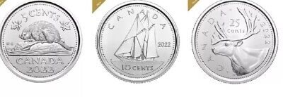 Set of 3 2022 Canadian Coins. Mint UNC Canada 25c 10c 5c