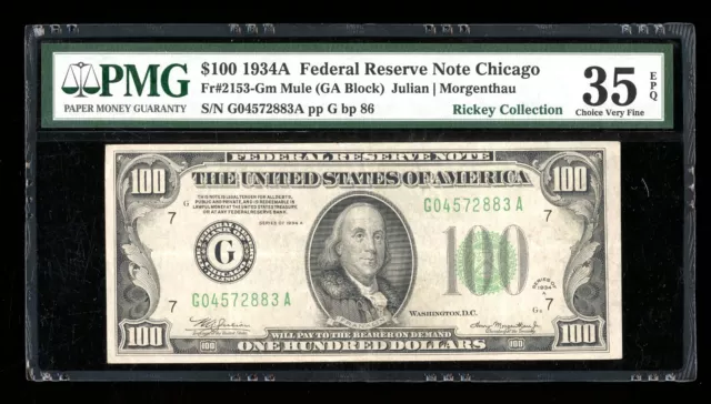 DBR 1934-A $100 FRN Chicago Mule Fr. 2153-Gm PMG 35 EPQ Serial G04572883A