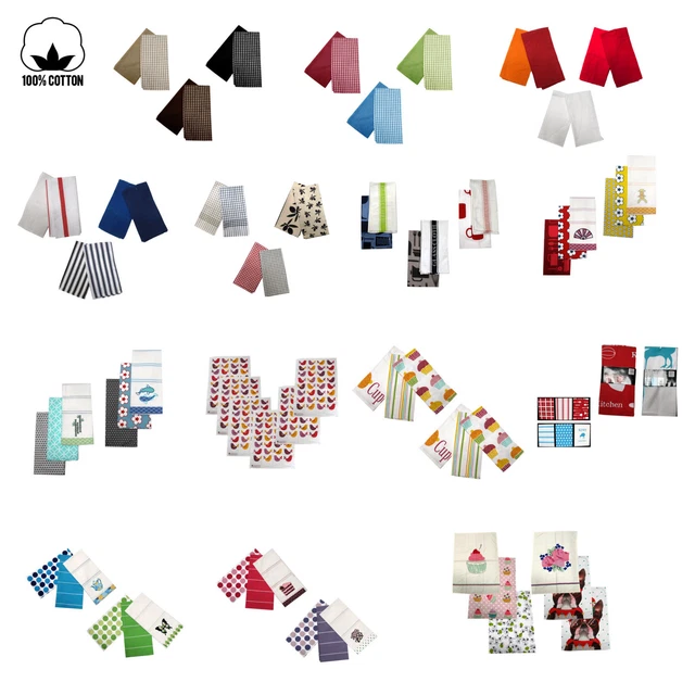 Set of 6 - 100% COTTON Assorted Kitchen Hand Dish Cloth Tea Towels