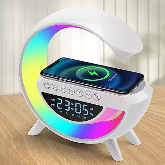 Lampada Da Comodino Con Orologio E Sveglia Ricarica Wireless Radio Fm Bluetooth