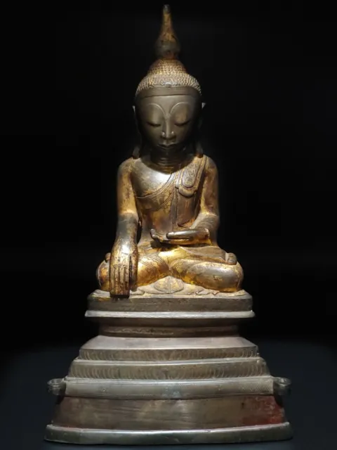 Antique 19TH Burmese Bronze Gilted Shan Buddha Figurine Statue Burman Art Decor