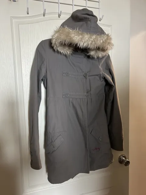 Juniors Medium Billabong Faux Fur Hooded Thick Trench Coat Jacket Pea Coat