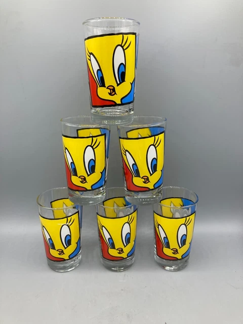 Set of 6 Vtg Tweety Bird Sylvester Drinking Glass Tumblers 1994 Warner Brothers