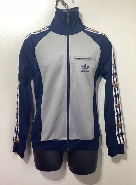 Giacca da pista sportiva Adidas X Nigo Bear rara grigio navy manica a righe cerniera piccola