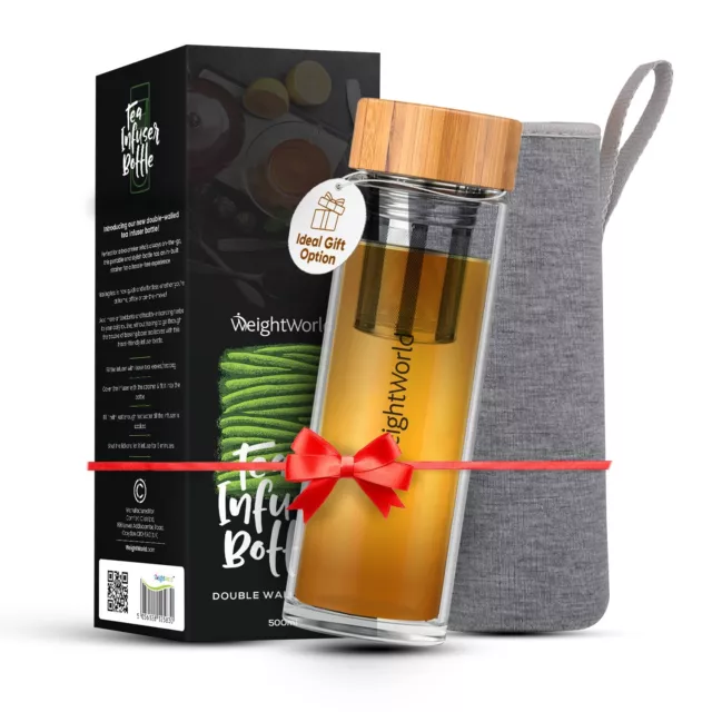 Tea Infuser Water Bottle 500ml Leakproof Glass with Bamboo Lid & Stainless Steel