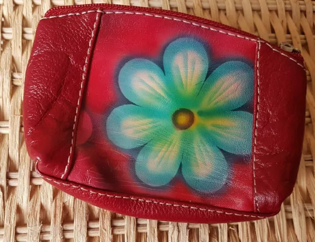 By KATZ LEATHER - GENUINE RED LEATHER COIN POUCH HAND PAINTED - 2 ZIPPER POCKETS