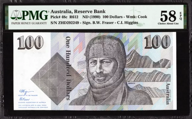 Australia 100 Dollars P48c R612 1990 Fraser Higgins PMG58 aUNC EPQ Banknote NOTE