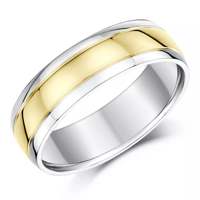 9ct Yellow Gold & Silver Two Colour Wedding Ring Court Shape 6mm Band