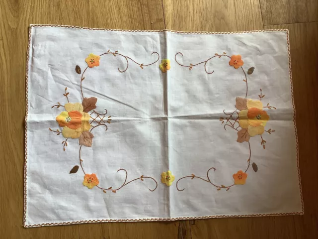 Vintage Hand Embroidered yellow flower 🌼 appliqué Tray Cloth approx 17” x 12”