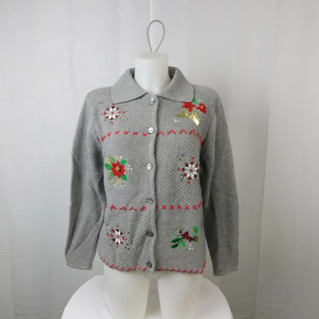 KB Collections Beaded Embroidered Ugly Christmas Sweater Cardigan - Medium #7592