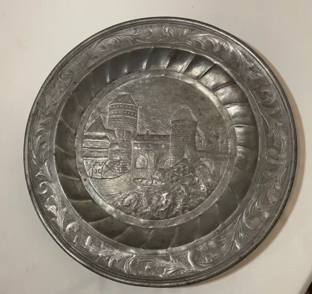 rare antique 18th century tooled engraved hand forged pewter dinner plate dish .