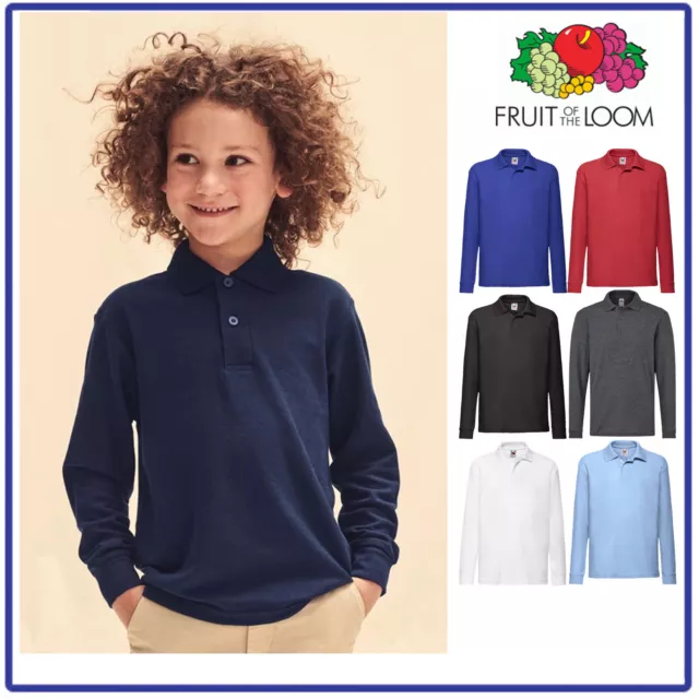 POLO BAMBINO manica lunga FRUIT OF THE LOOM maglia cotone nera bianca rossa blu