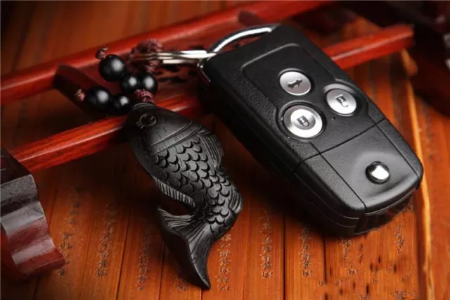 3D Ebony Wood Carving Chinese Geomancy Carp Statue Sculpture Pendant Key Chain