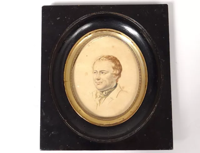 Miniature Drawing Watercolor Portrait Man Frame Wood Blackened 19th Century