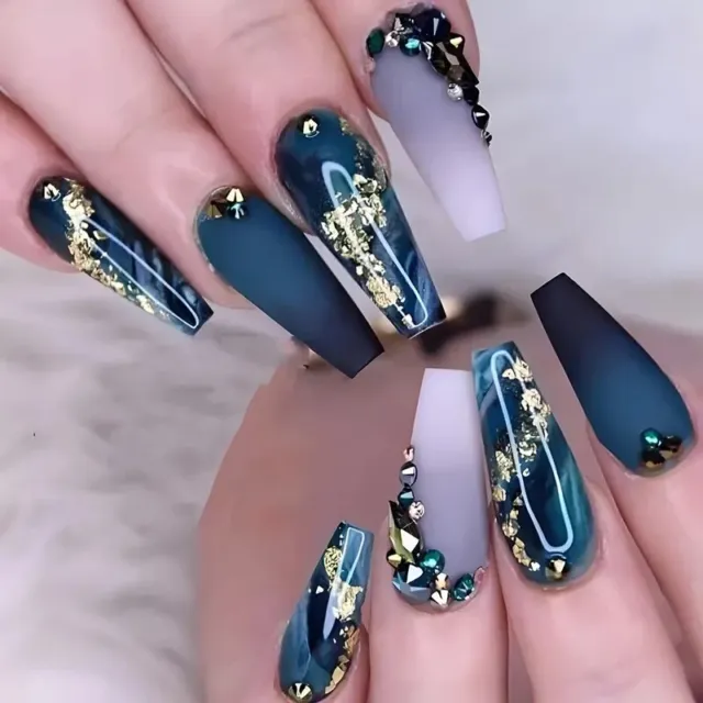 False nails Extra Long Coffin Luxury Blue 3D gems Gold Foil 24PK +NailTabs BN378