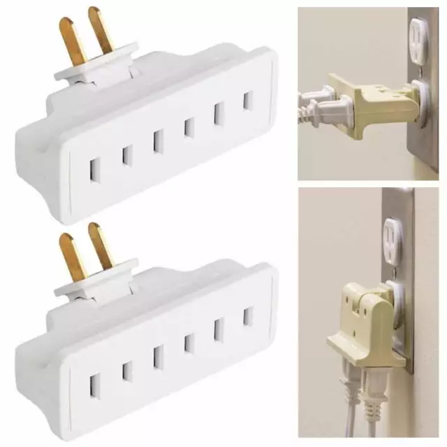2 Pc Grounded Swivel 3 Outlet Indoor Wall Plug Tap Indoor Power 125V AC Adapter