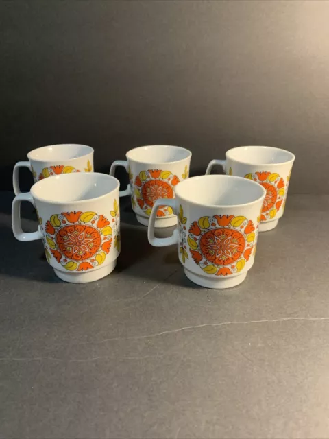 Set 5 MCM Stackable Coffee Cup Mugs Groovy Flowers D Handle Orange/Yellow Japan