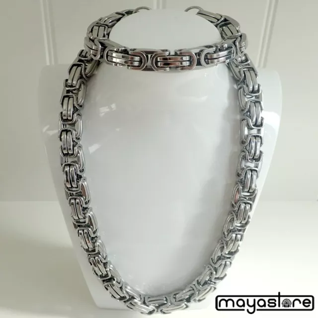 60CM x 14MM KETTE + ARMBAND KÖNIGSKETTE SILBER KETTE EDELSTAHL BYZANTINER SET