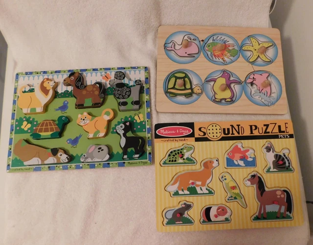 Lot of 3 Children's Wood Puzzles Animals Marine
