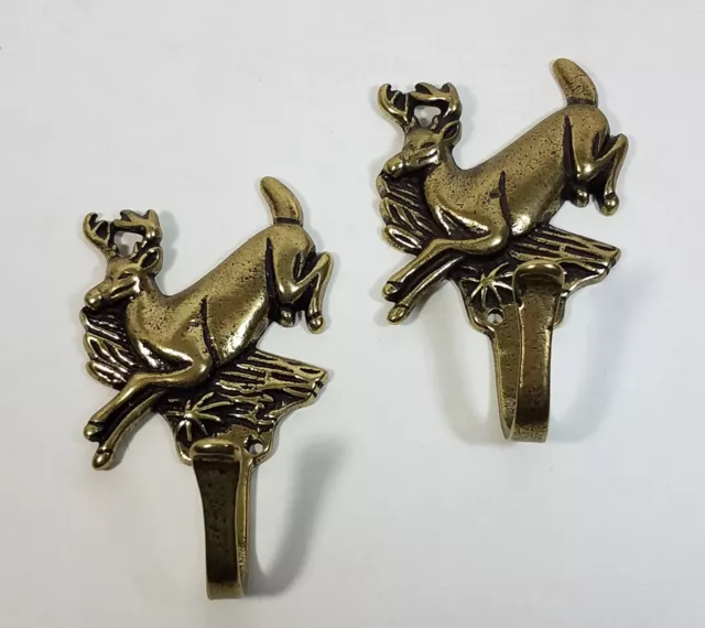 Pair Solid Brass Whitetail Buck Deer Coat Hooks Hat Hanger Metal Wall Hooks
