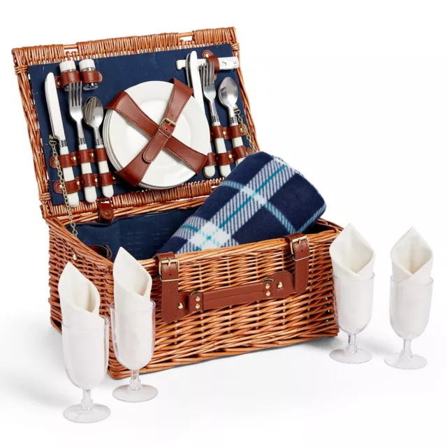 4 Person Picnic Basket, Large Picnic Hamper Luxury Wicker Basket & Rug - VonShef