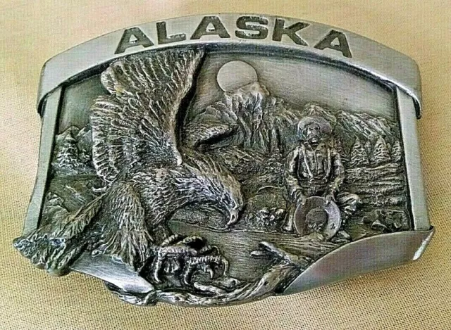 Alaska Belt Buckle 1984 Siskiyou Williams Oregon J-23 Pewter Eagle Pan Gold*