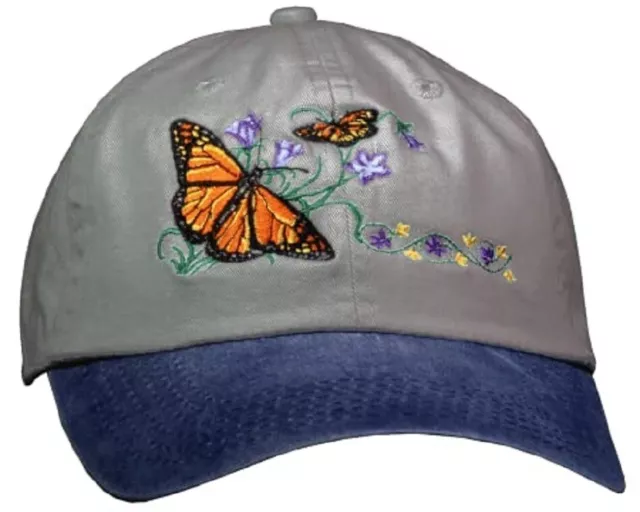 Monarch Butterflies Embroidered Cotton Cap Khaki/Blue Color Hat