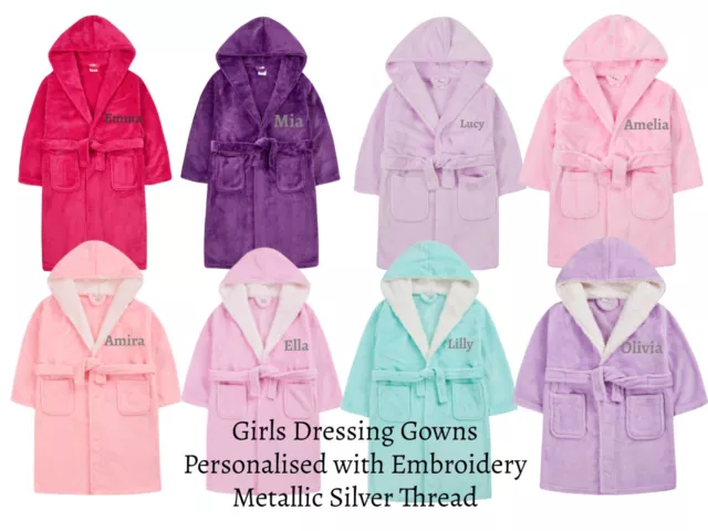 Girls Dressing Gown Robe Personalised with Silver Thread Pretty Pastel Shades