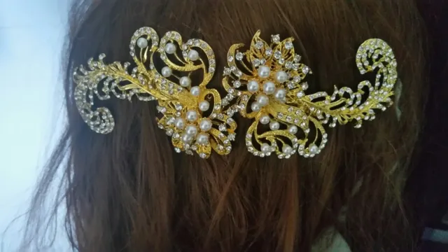 Handmade gold rhinestone and pearl bridal headpiece / fascinator
