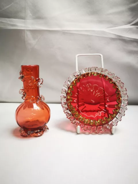 Paar Antikes Viktorianisches Glas, Kleine Vase Und Schüssel, Cranberry, Pfirsich, Gold 3