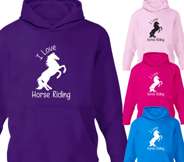 Childrens I Love Horse Riding Hoodie Girls Boys Kids Pony Hoody Equestrian Gift