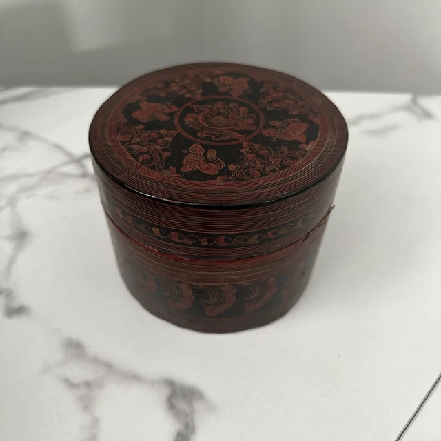 Antique Burmese Betel But Box Lacquer Over Wood