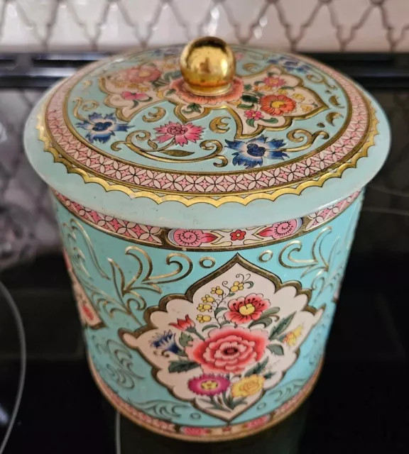 Vintage Pretty 5" Daher Round Lidded Metal Tin England Biscuit Tea Floral Emboss