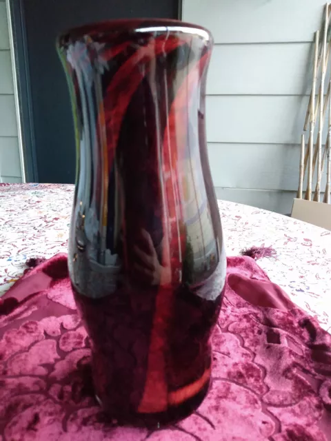 Vintage Black & Red Hand Blown Glass Vase 9" Gorgeous!