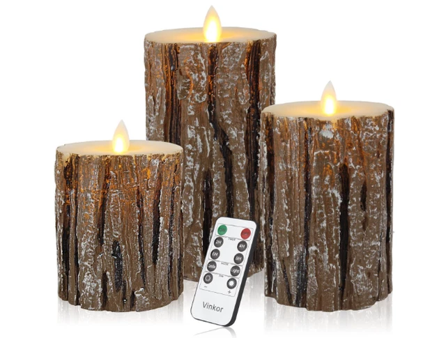 3 Pcs Flameless Birch LED Candles Moving Luminara Real Wax Battery Remote Timer