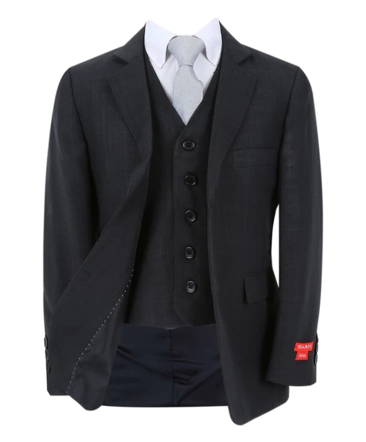 Boys Self Patterned Suit Black Slim Fit Wedding Page Boy Prom 3 Piece Set