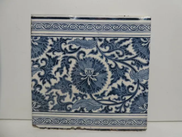 Antique Tile Minton Works Stoke On Trent Blue & White Art Nouveau Hand Painted