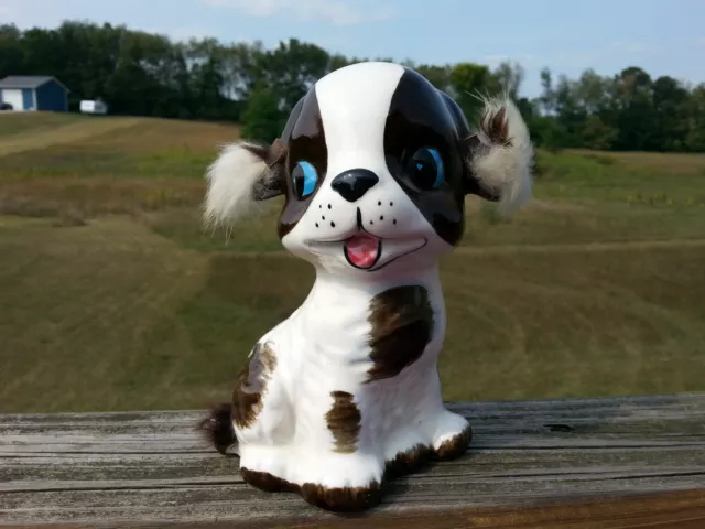 Vintage Porcelain Big Blue Eyed Puppy Dog Still Bank Figurine w/Fur Ears Kitsch