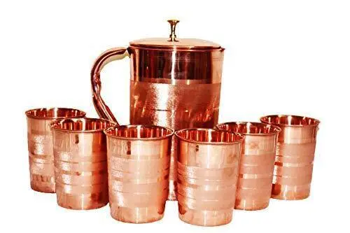 Handmade Copper Water Jug Pitcher Pot With 6 Glass For Health Benefits
