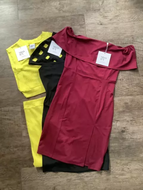 Bulk Lot 3 Dresses Size L, Miss Ivy  Burgundy Black Yellow Red Off Shoulder Slit