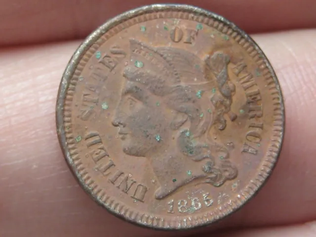 1865 Three 3 Cent Nickel- Metal Detector Find? Fine/VF Details