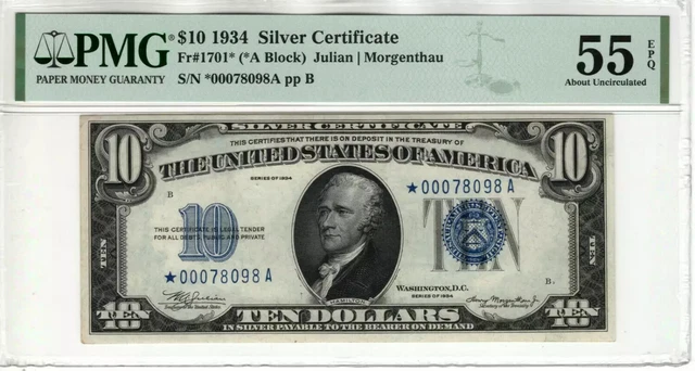 1934 $10 Silver Certificate Star Note Fr.1701* Pmg About Unc Au 55 Epq (098A)