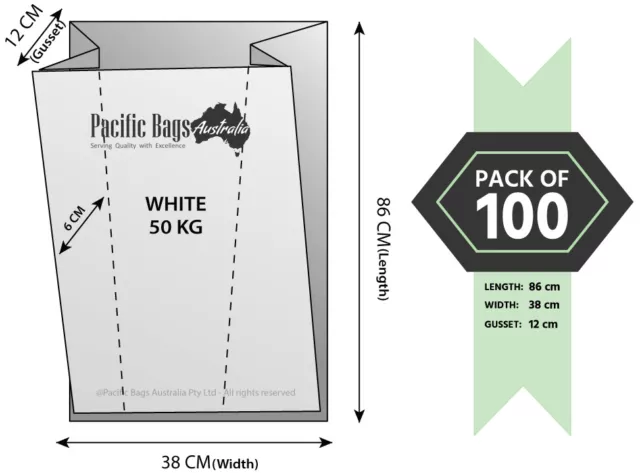 Pack of 100 - 38 CM (+12 CM) X 86 CM White Woven Polypropylene Sacks / Bags