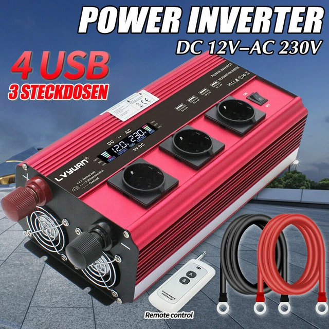 3000W 6000W Spannungswandler 12V auf 230V Inverter Wechselrichter 4USB 3AC Rot