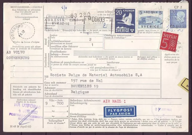 q5796/ Sweden Airmail Parcel Card Cover t/Belgium 1962