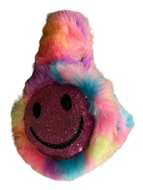 Justice Girls Faux Fur Tie-Dye Fuzzy Ear Muffs Pink Sequence Smiley Face