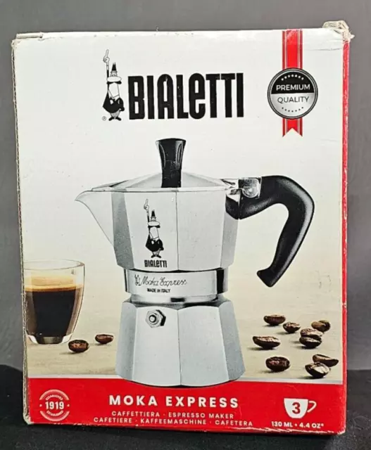 Bialetti Moka Express 3 Cup Espresso Maker - Silver - New in Box - Boxes Scuffed